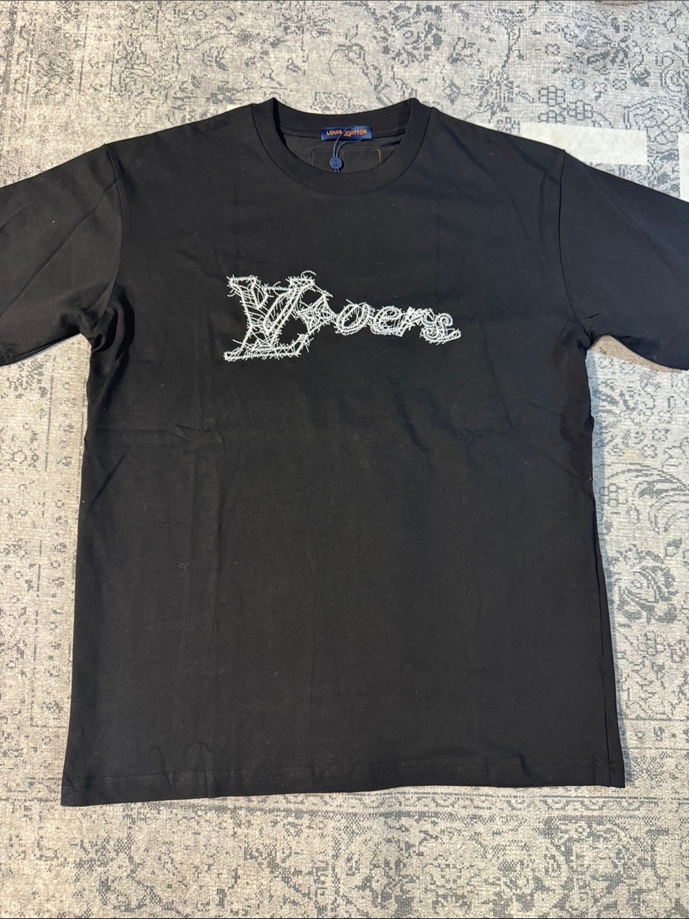Louis Vuitton Black T-Shirt with White Script Logo